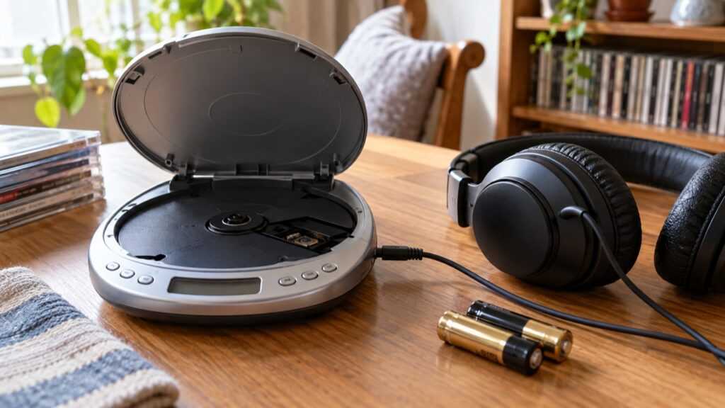 試聴前に中身を空にしたポータブルCDプレイヤーとヘッドフォン