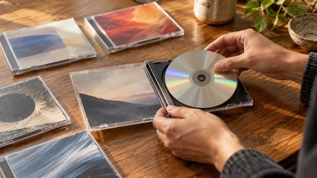 試聴したCDを元のケースへ戻す手元のイメージ