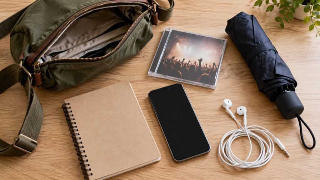 音楽即売会へ出かけるバッグとスマートフォンなどの持ち物