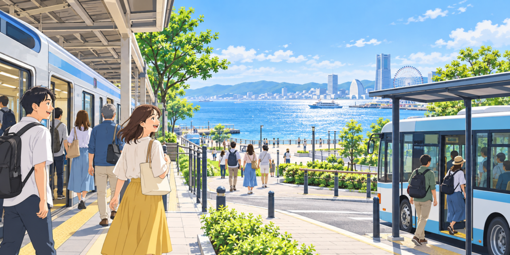 海辺へ向かう鉄道とバスを描いた架空のイラスト