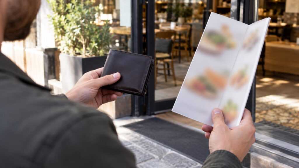財布とメニューを見ながら必要な注文を考えるイメージ
