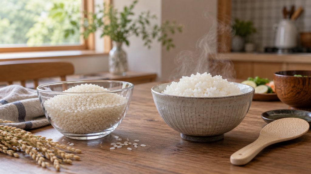 精米後の米と炊飯後のご飯を分けて並べた工程のイメージ
