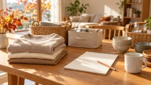 衣類と収納用品と食器を買い物前に整理するイメージ