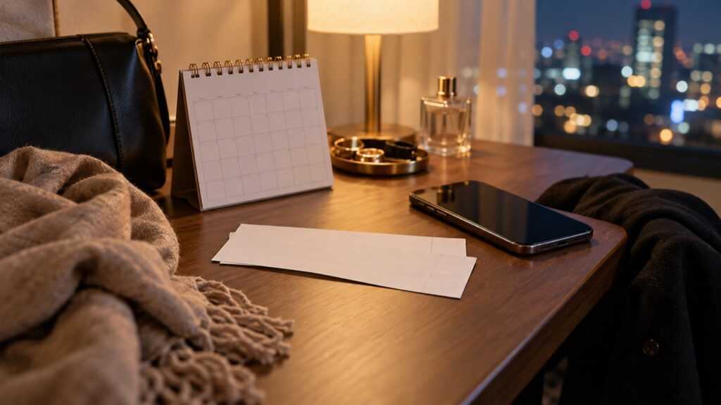 イルミネーションのおでかけ前にチケットと予定を確認するイメージ
