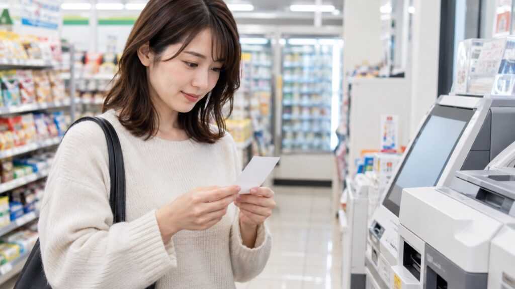 コンビニで受け取った紙チケットを確認するイメージ