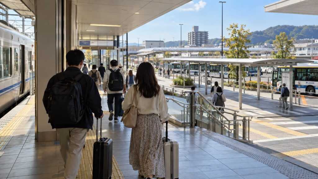 駅前で電車からバスへ乗り継ぐイメージ