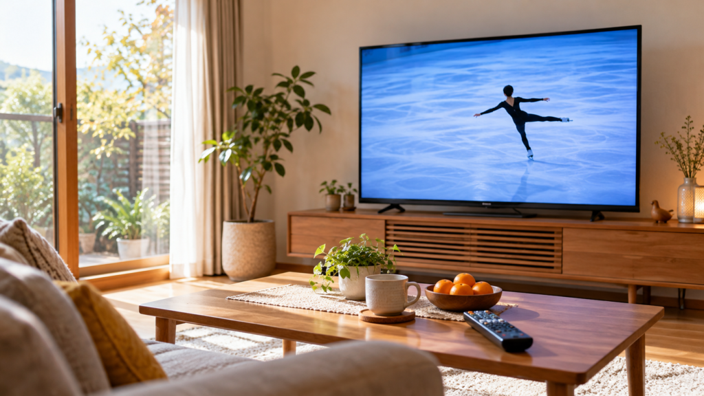 自宅のテレビでフィギュアスケートを見る説明用生成イメージ