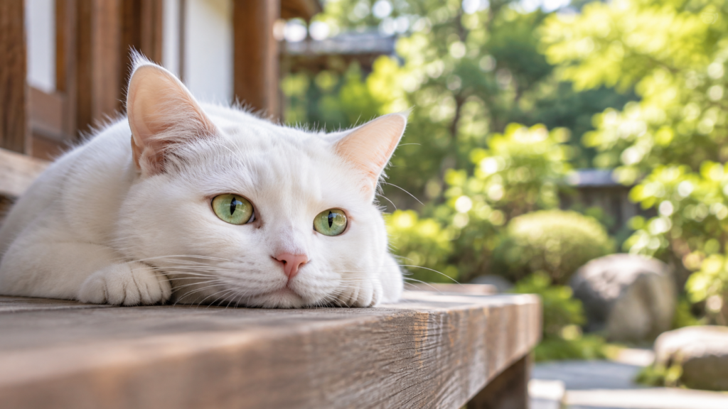 木の縁側でくつろぐ緑色の目の白猫の生成イメージ