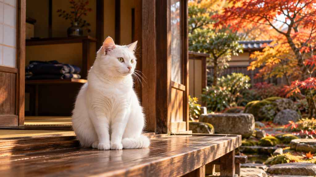 木造家屋の縁側に座る白猫と秋の庭の生成イメージ
