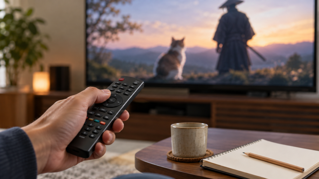 テレビの前でリモコンを持ち録画設定を確認する生成イメージ