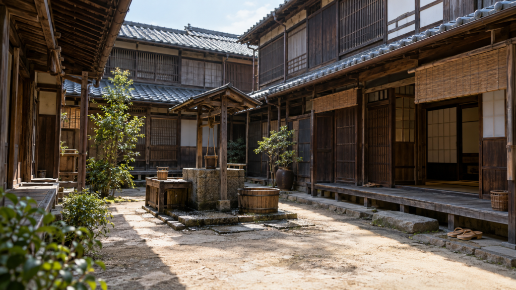 井戸を囲む木造の長屋と共同の庭の生成イメージ