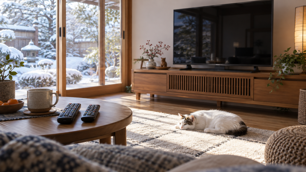 テレビと二つのリモコンがある居間で猫が休む生成イメージ