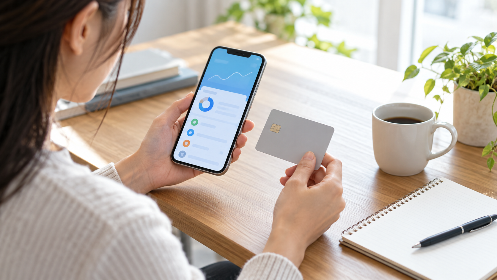 スマートフォンとカードで銀行サービスを確認するイメージ