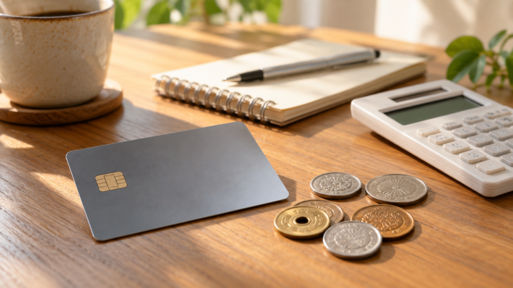 カードと硬貨、計算機を並べた手数料のイメージ