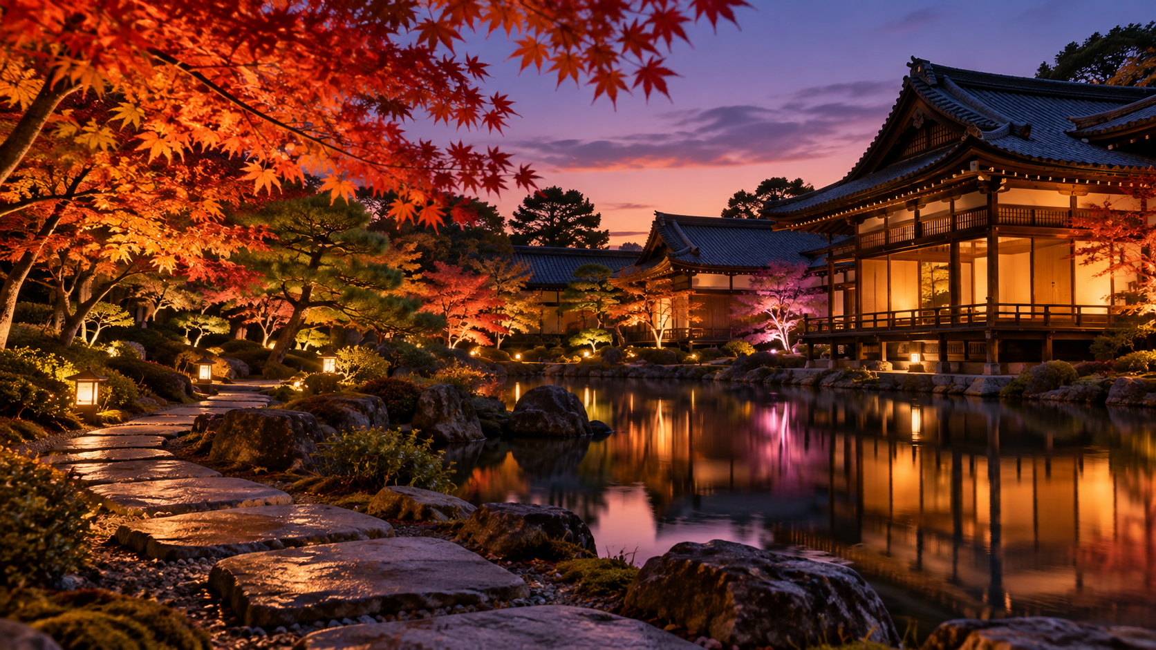 秋の夜の日本庭園を表したイメージ