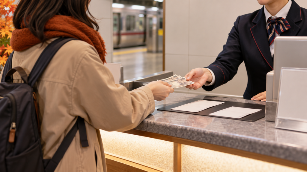 駅の案内カウンターで乗車券を準備するイメージ