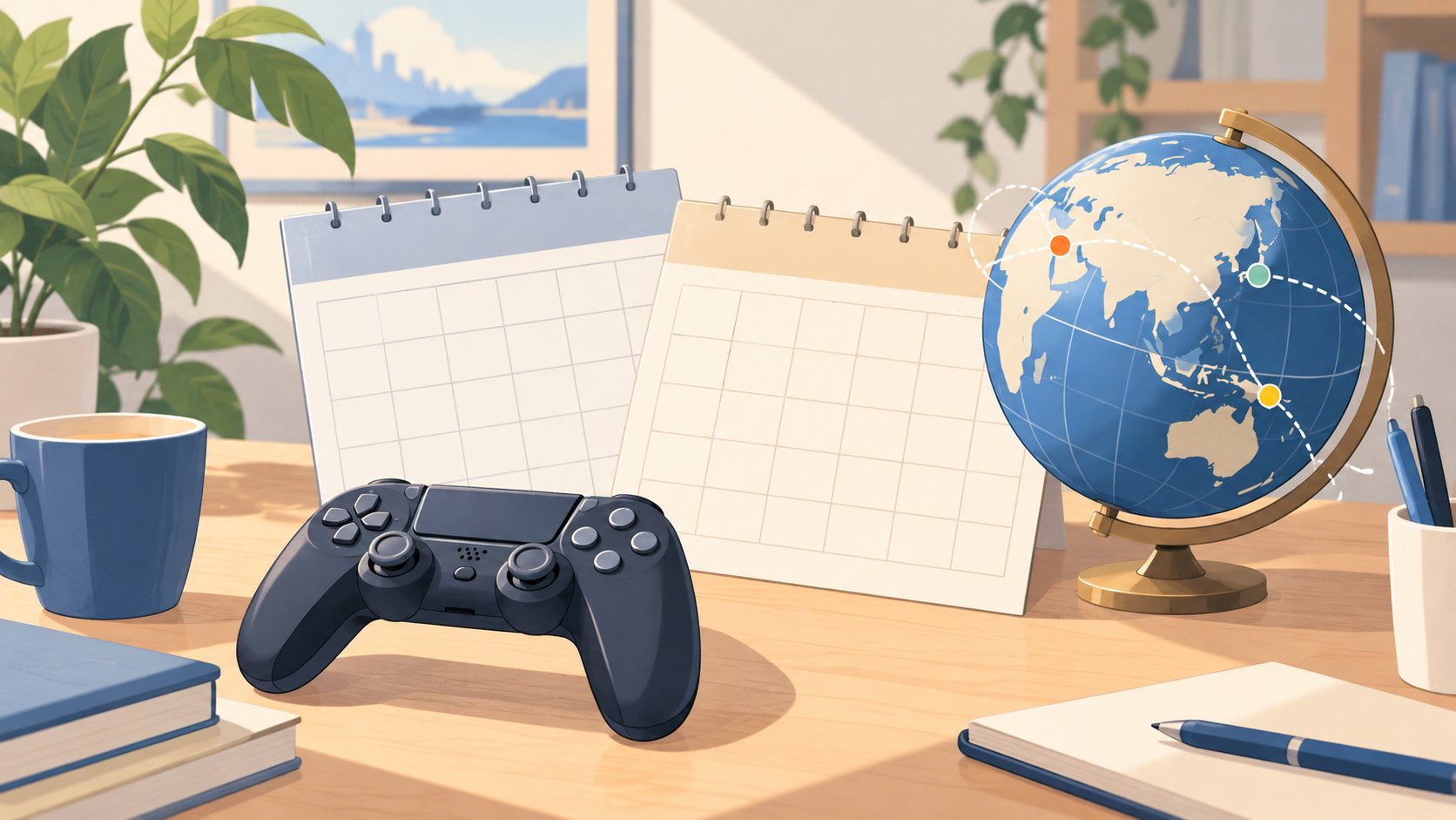ゲーム機のコントローラーとカレンダーと地球儀のイメージイラスト
