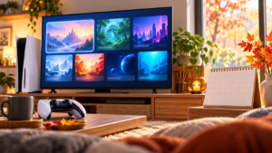 秋の部屋にあるゲーム機とゲーム選択画面とカレンダーのイメージイラスト