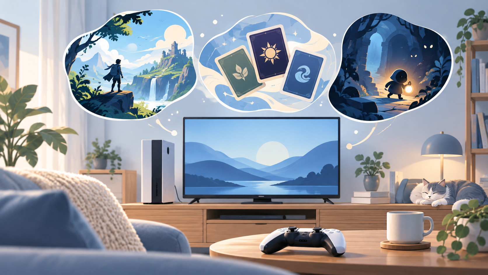 ゲーム機と3種類のゲームを表すイメージイラスト