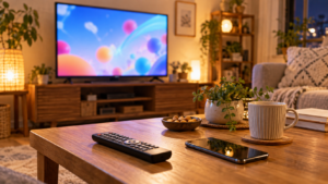 テレビとリモコン、スマートフォンを置いたリビングのイメージ