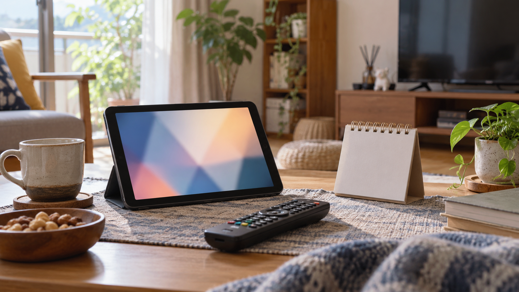 タブレットとリモコン、卓上カレンダーを置いた視聴準備のイメージ