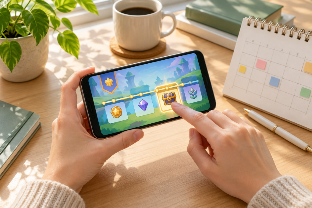 カレンダーの隣でスマートフォンのゲーム画面を見るイメージ