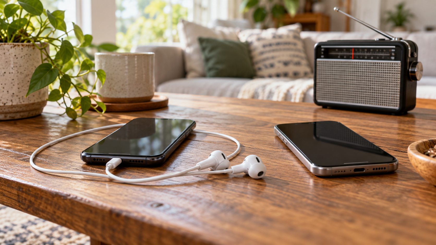 スマートフォン2台とイヤホン、ラジオを並べたイメージ