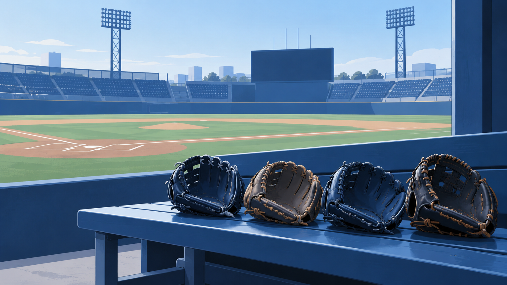 野球場のベンチに並んだ４つのグラブを描いたイメージ