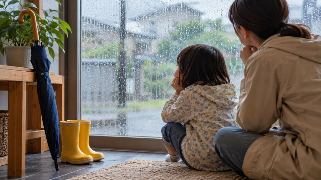 雨の窓辺に並ぶ子どもの靴と傘