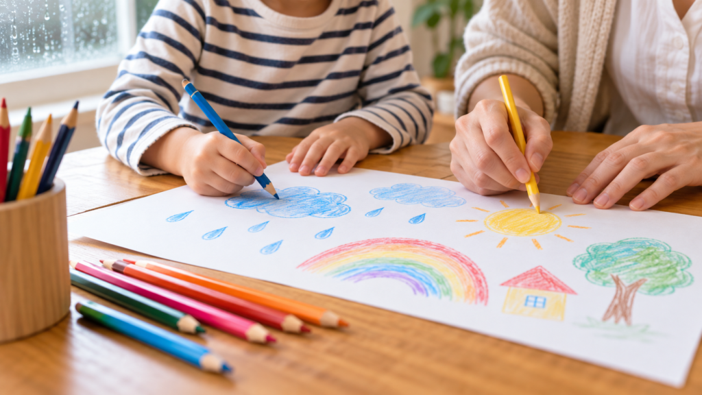 色鉛筆と無地の紙で制作する親子の手元