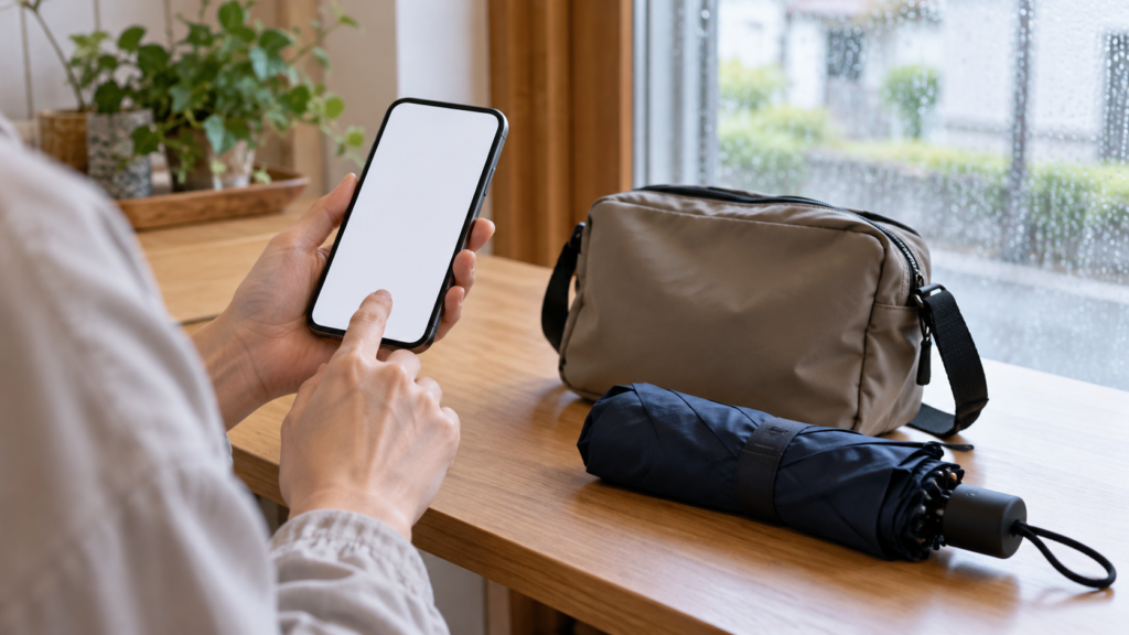 スマートフォンと傘とバッグで出発前の確認をする手元