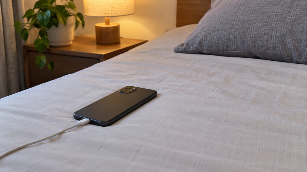 寝具で覆わず電源につないだスマートフォンの計測準備イメージ