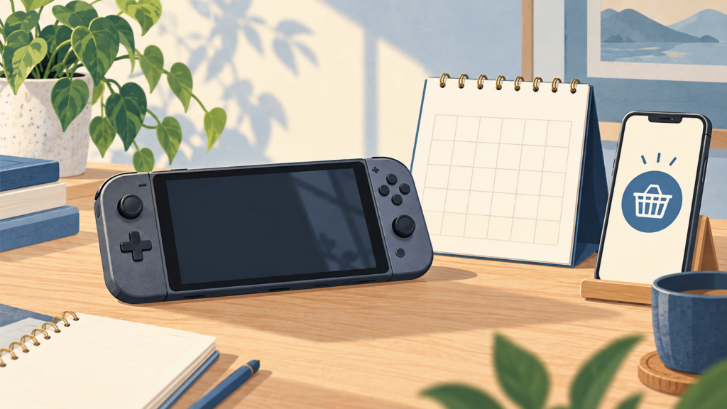 携帯ゲーム機と購入予定を示すイメージイラスト