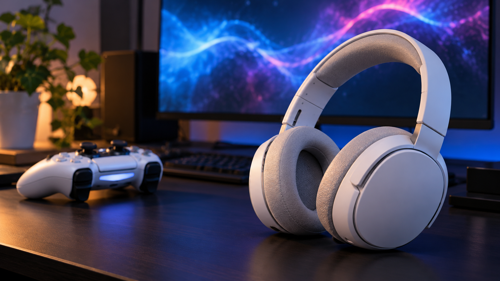 ゲーム用ヘッドセットとコントローラーを置いた机の参考イメージ