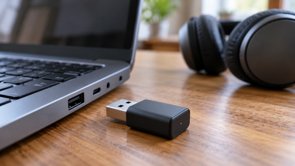 PCのUSB端子と無線オーディオアダプターの参考イメージ