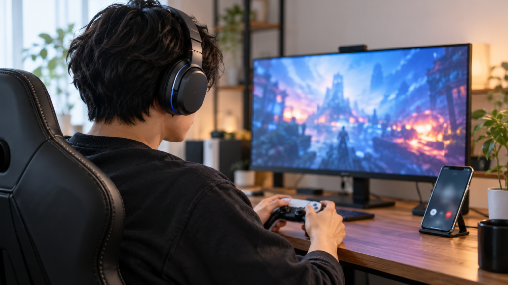 ヘッドセットでゲームをしながらスマートフォンを併用する参考イメージ