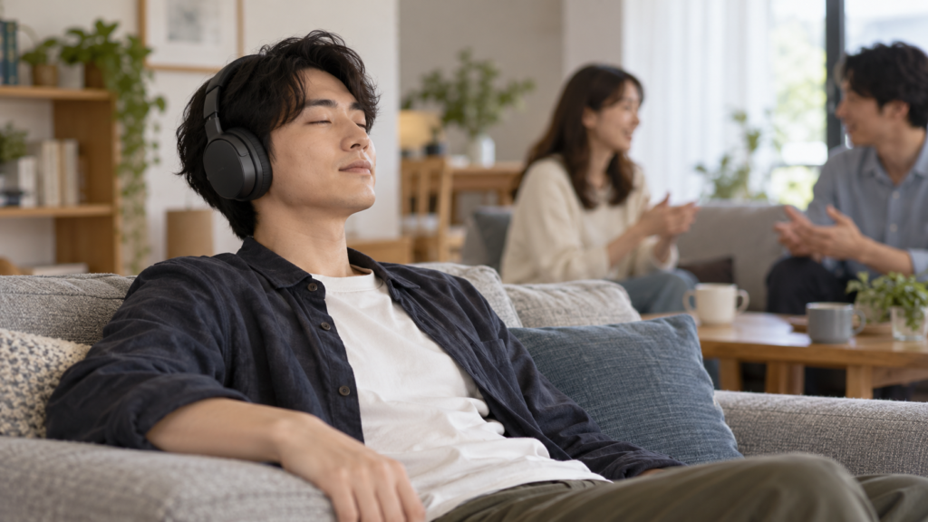 共用リビングで周囲の音を意識してヘッドセットを使う参考イメージ