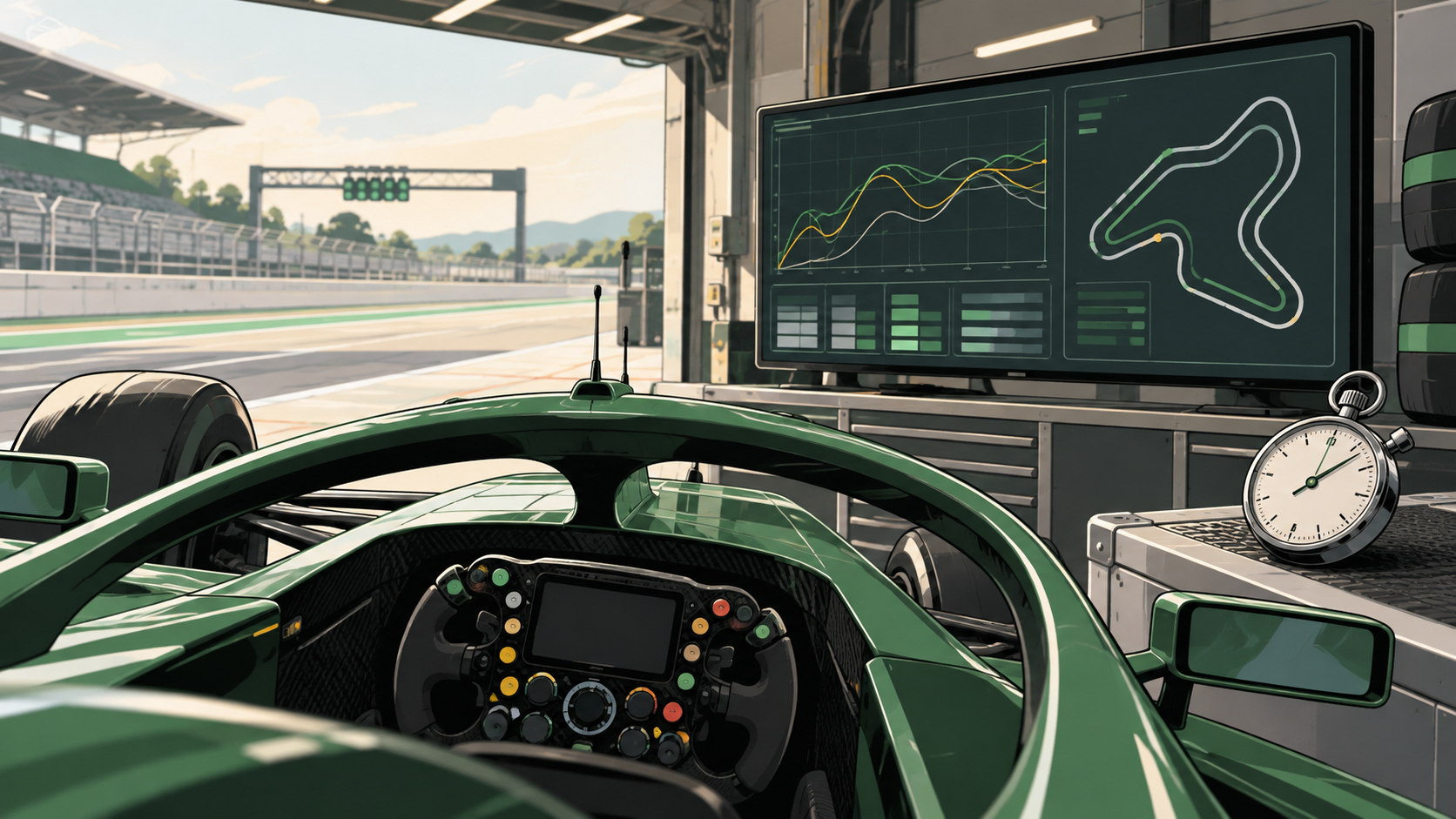 走行データを確認するピットと車両のイメージイラスト