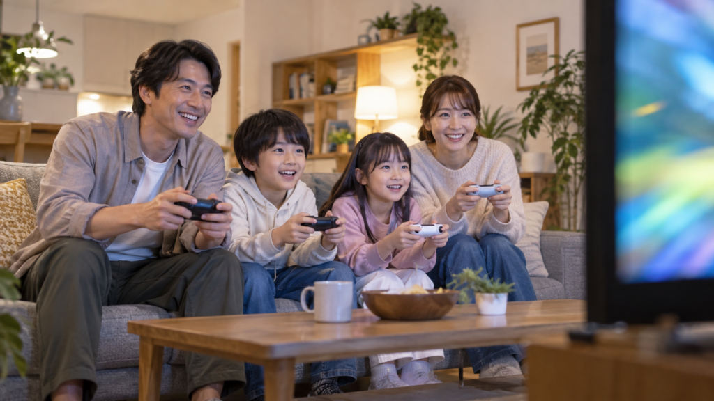 リビングに座りコントローラーでレース対戦を楽しむ家族