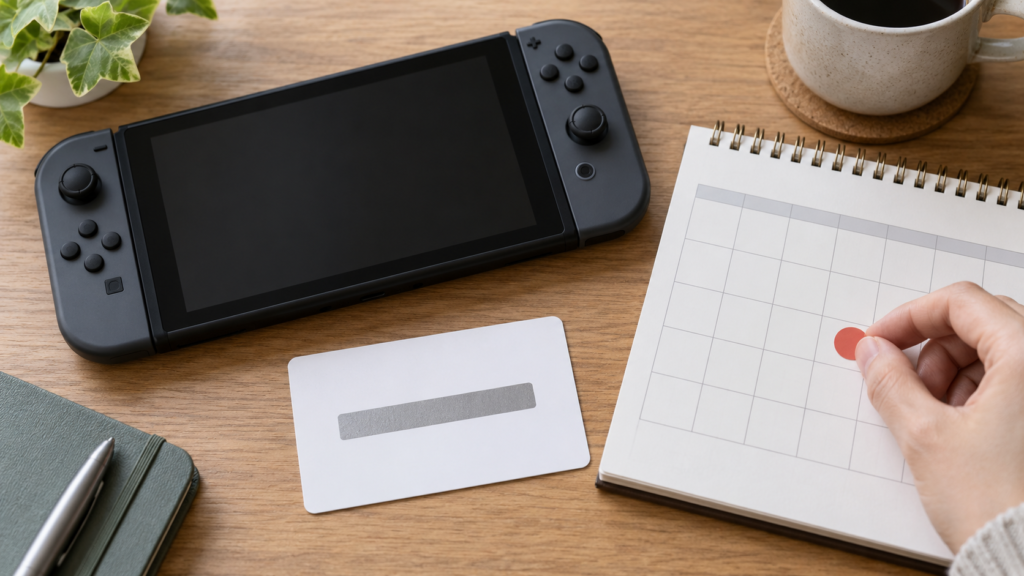 カレンダーとコード用紙を携帯ゲーム機の横に置いた引き換え準備