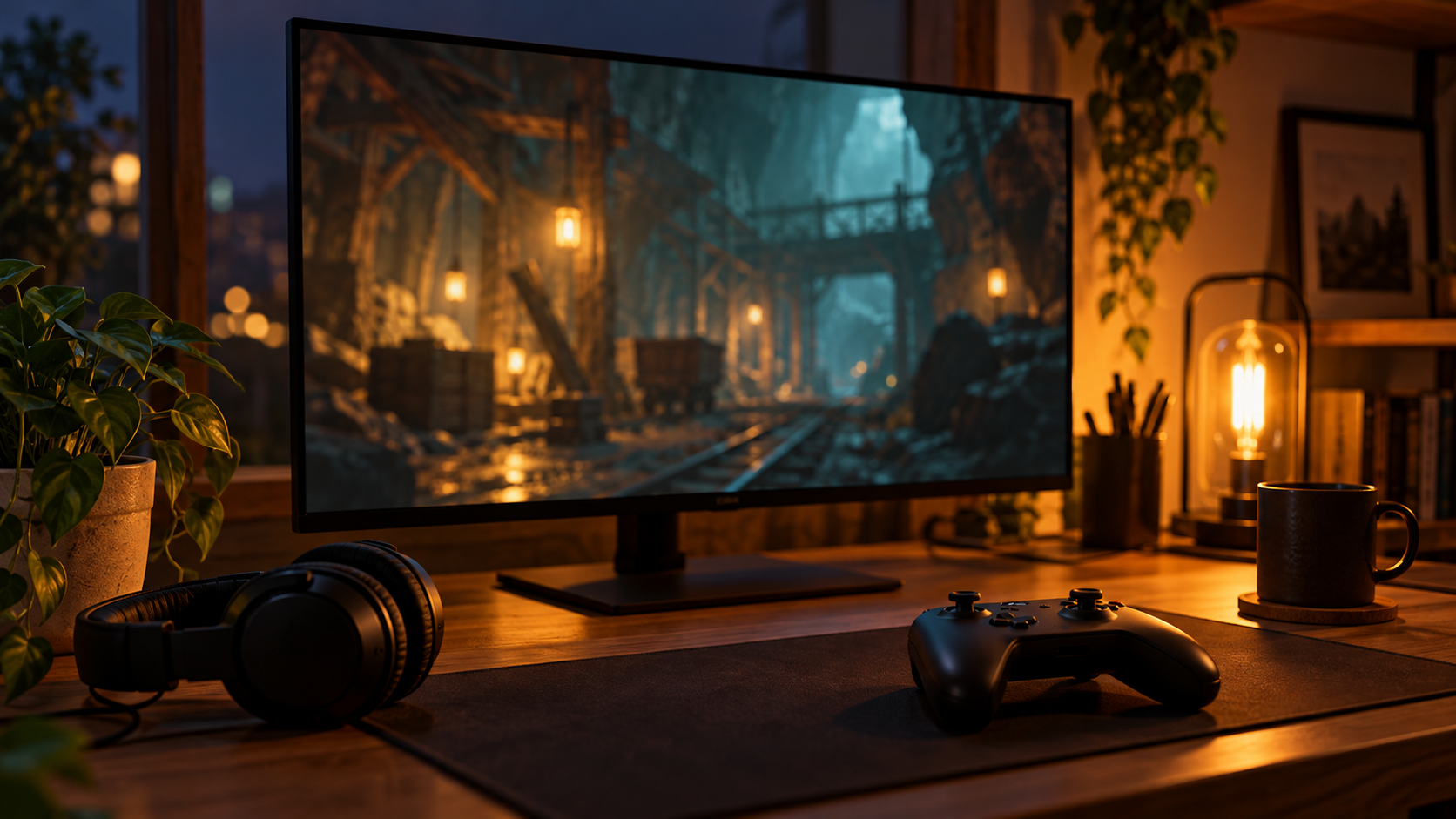 夜の机に置かれたPCとゲームパッドのイメージ