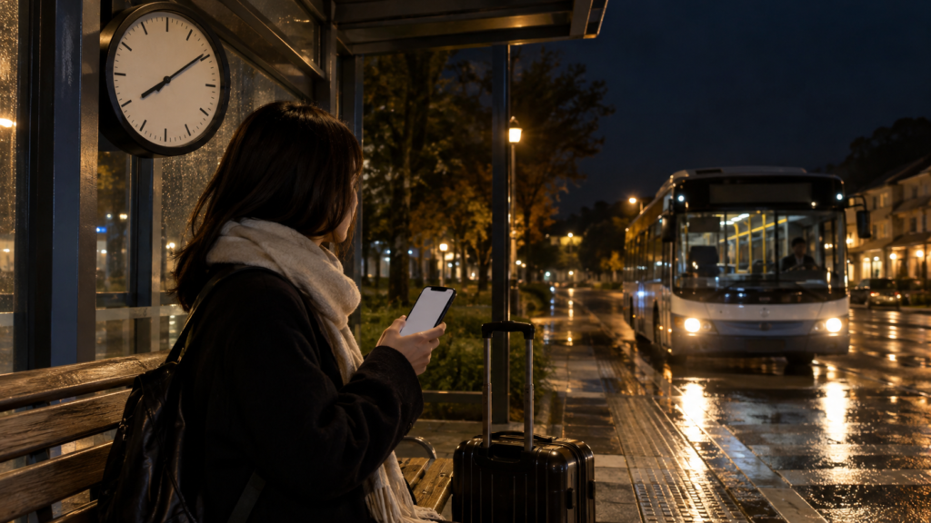 夜のシャトルバス乗り場と帰りの時刻を確認するイメージ