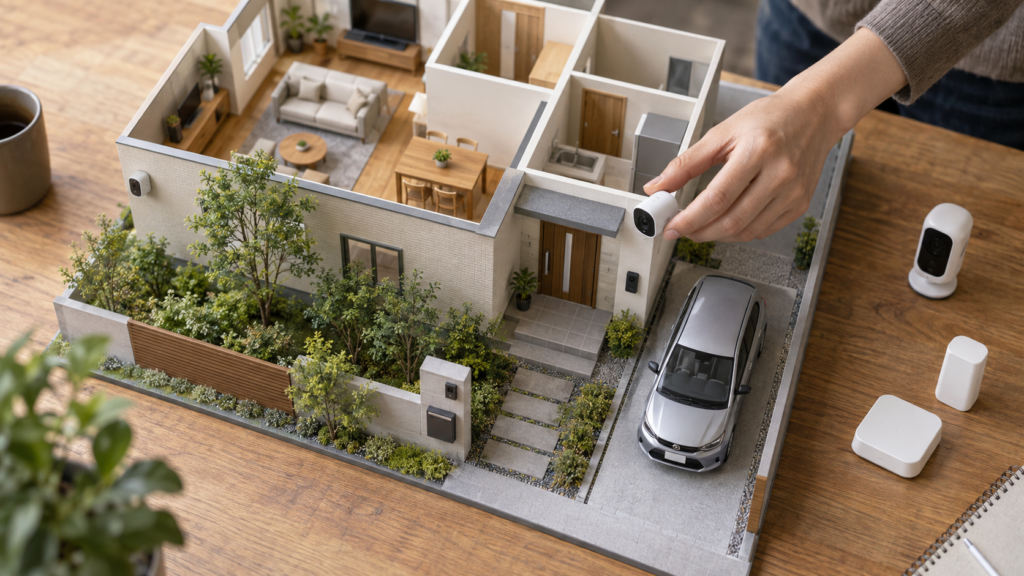 玄関と庭と駐車場の用途を分けて考える住宅のイメージ