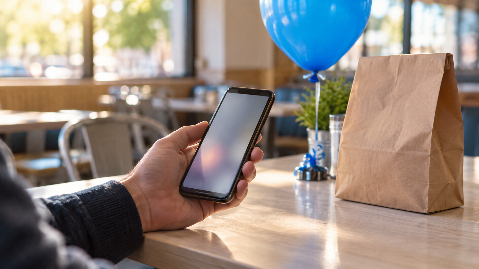 公式情報の確認をイメージしたスマートフォンと青い風船
