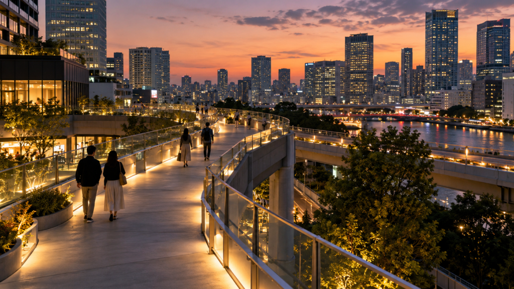 夜の屋外アート鑑賞をイメージした高架歩行空間