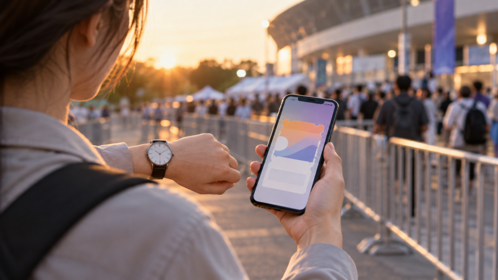 入場前にスマートフォンと時計を確認するイメージ