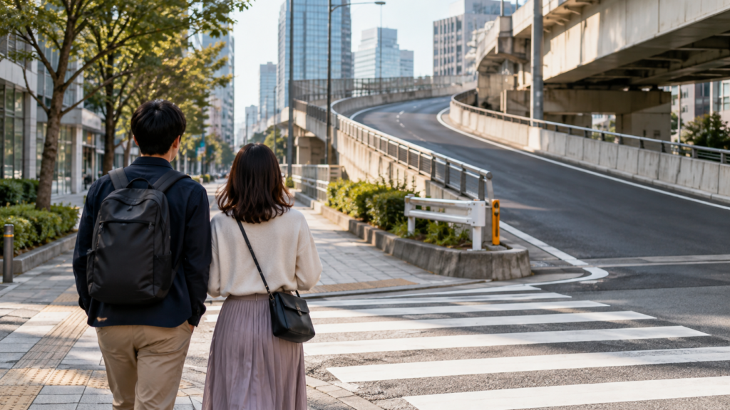 目的の入口を確認しながら街路を歩く来場者のイメージ