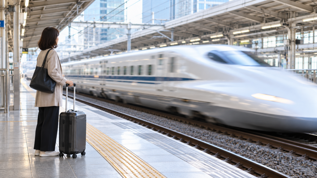 駅ホームで高速列車を待つ旅行者のイメージ