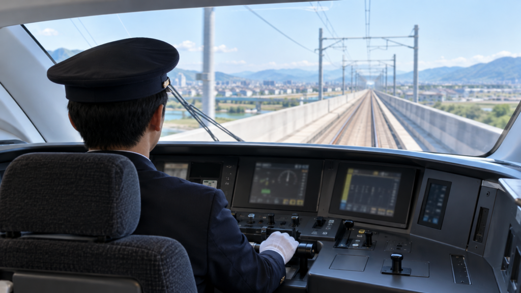 運転室で計器と前方を確認する運転士のイメージ