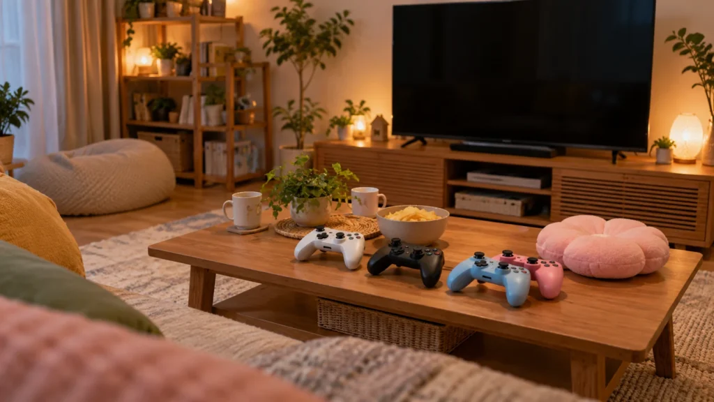 家族でゲームを遊ぶために4人分のコントローラーを用意するイメージ